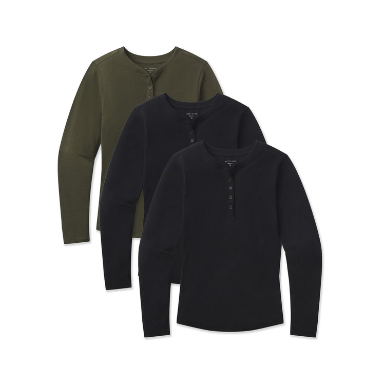 Women wearing Black/Black/Dark Olive Long Sleeve Rib Henley Tee 3-Pack