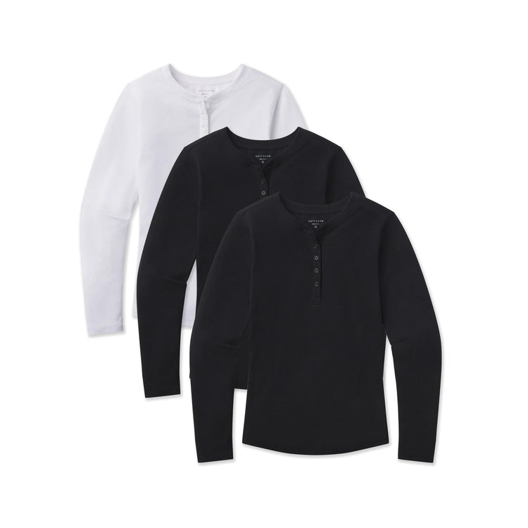 Women wearing Black/Black/White Long Sleeve Rib Henley Tee 3-Pack