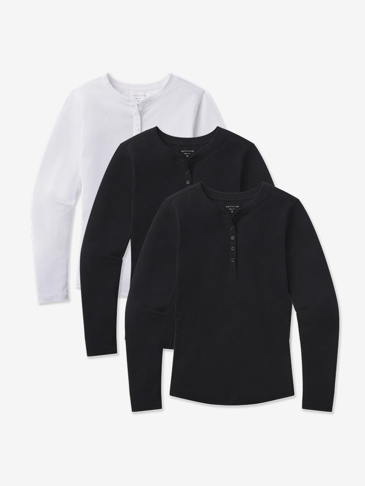 Women wearing Black/Black/White Long Sleeve Rib Henley Tee 3-Pack