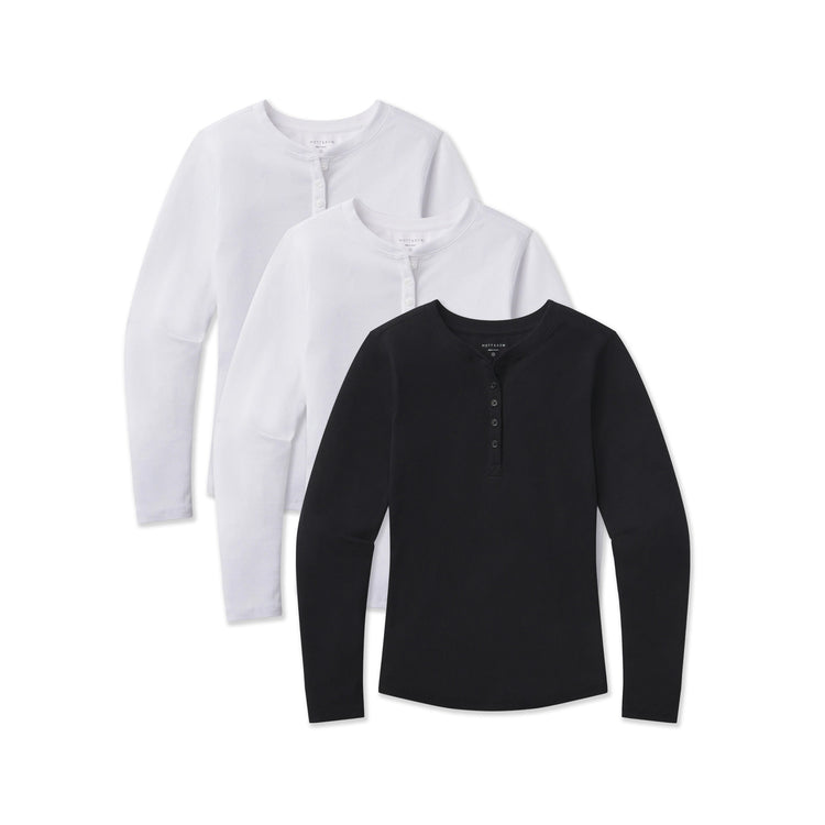 Women wearing White/White/Black Long Sleeve Rib Henley Tee 3-Pack