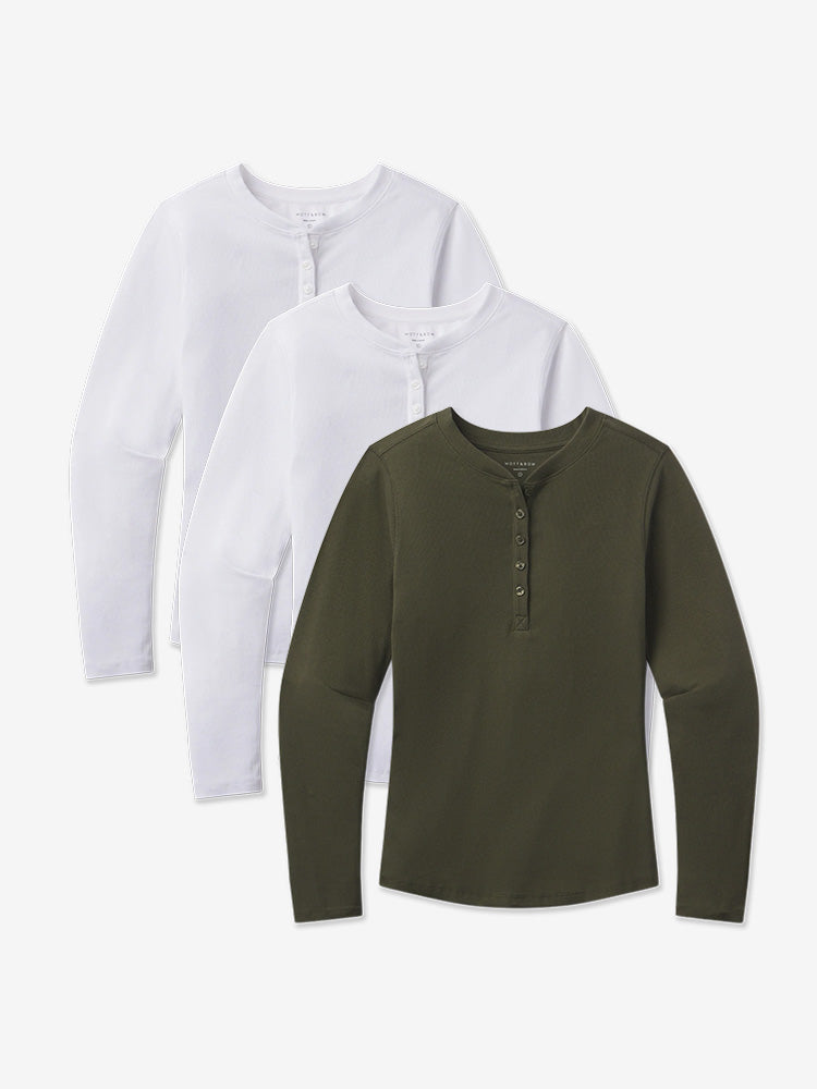 Women wearing White/White/Dark Olive Long Sleeve Rib Henley Tee 3-Pack