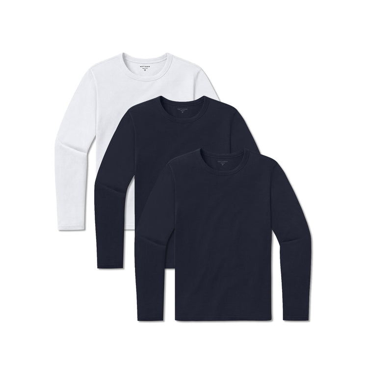 Men wearing Navy/Navy/White Long Sleeve Crew Tee Driggs 3-Pack