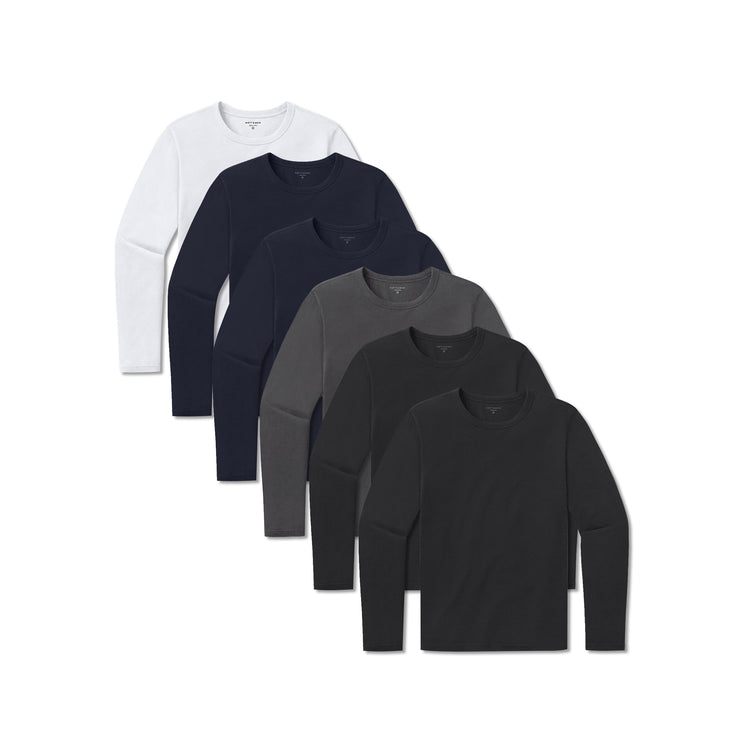 Men wearing Black/Black/Navy/Navy/Dark Gray/White Long Sleeve Crew Tee Driggs 6-Pack