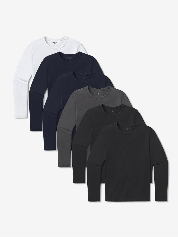Men wearing Black/Black/Navy/Navy/Dark Gray/White Long Sleeve Crew Tee Driggs 6-Pack