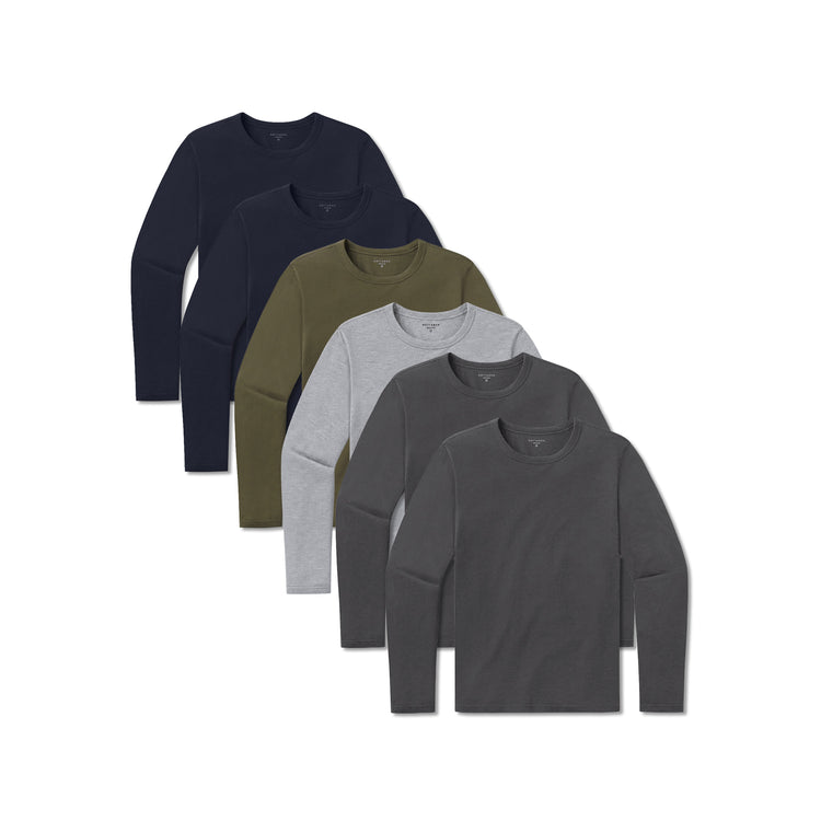 Men wearing Heather Gray/Dark Moss/Dark Gray/Dark Gray/Navy/Navy Long Sleeve Crew Tee Driggs 6-Pack