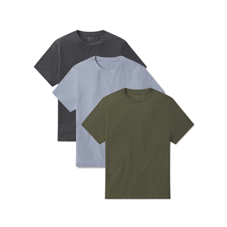 Men wearing Charcoal Heather/Dark Olive/California Blue Luxe Stretch Tee 3-Pack