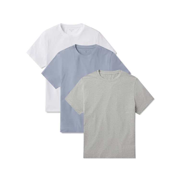 Men wearing White/California Blue/Heather Gray Luxe Stretch Tee 3-Pack