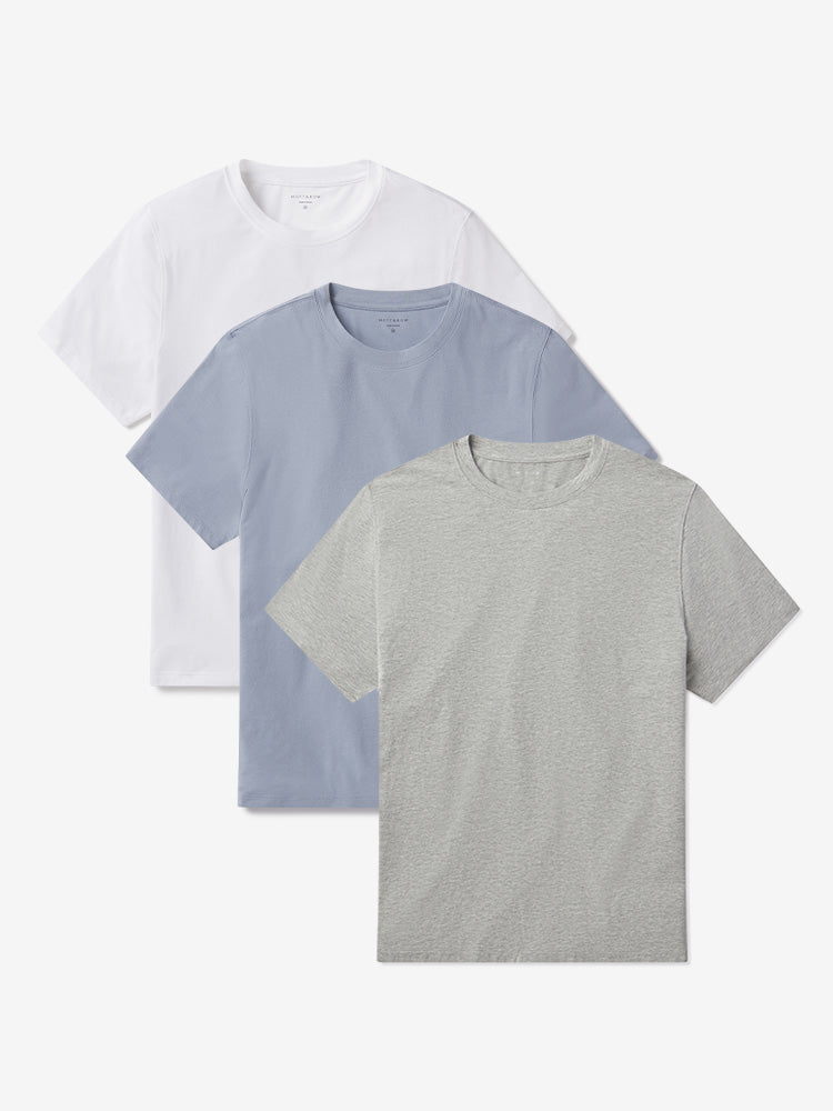Men wearing White/California Blue/Heather Gray Luxe Stretch Tee 3-Pack