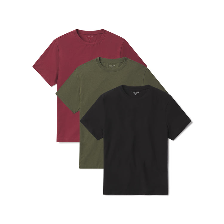Men wearing Dark Olive/Brick Red/Black Luxe Stretch Tee 3-Pack