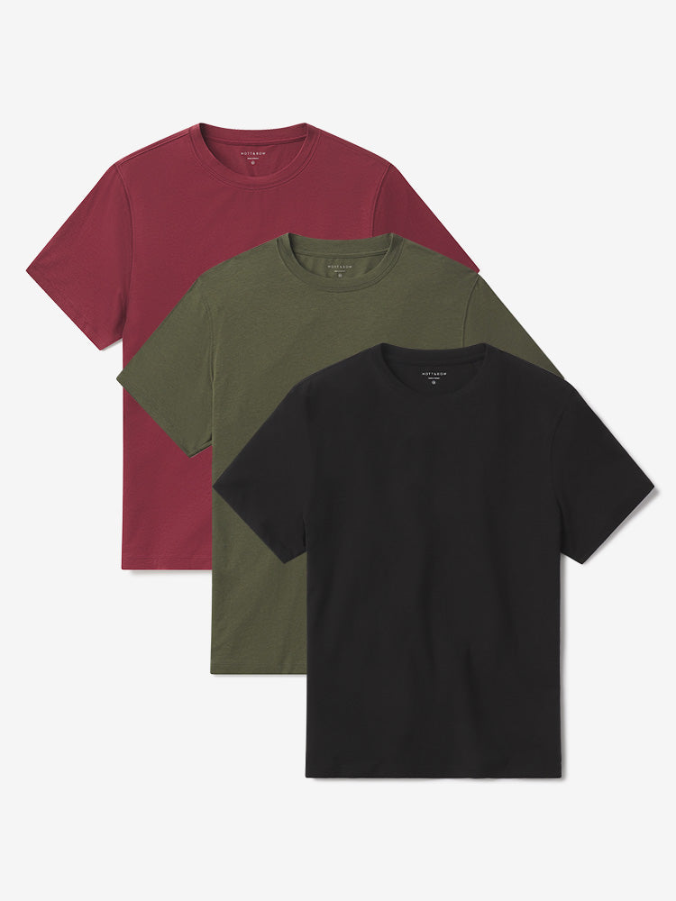 Men wearing Dark Olive/Brick Red/Black Luxe Stretch Tee 3-Pack