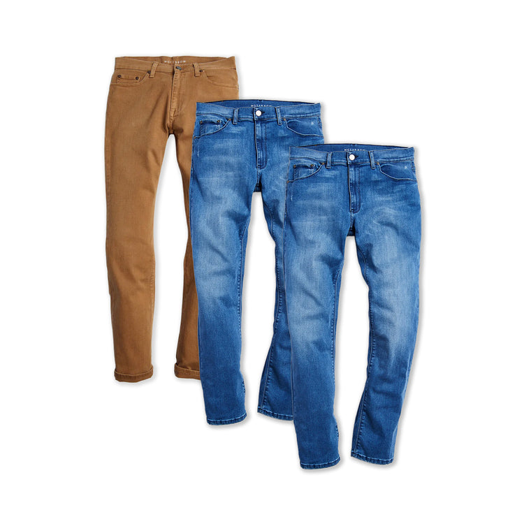 wearing Khaki/Medium Blue Straight Mercer and Straight Staple 3-Pack Jeans