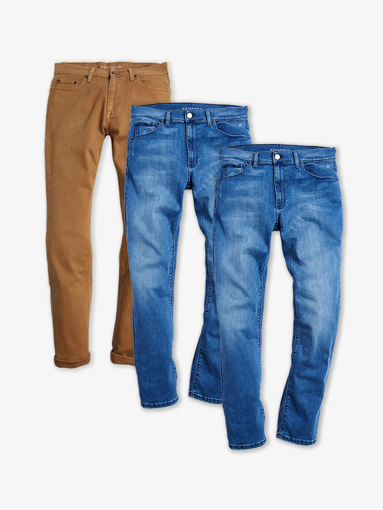 wearing Khaki/Medium Blue Straight Mercer and Straight Staple 3-Pack Jeans