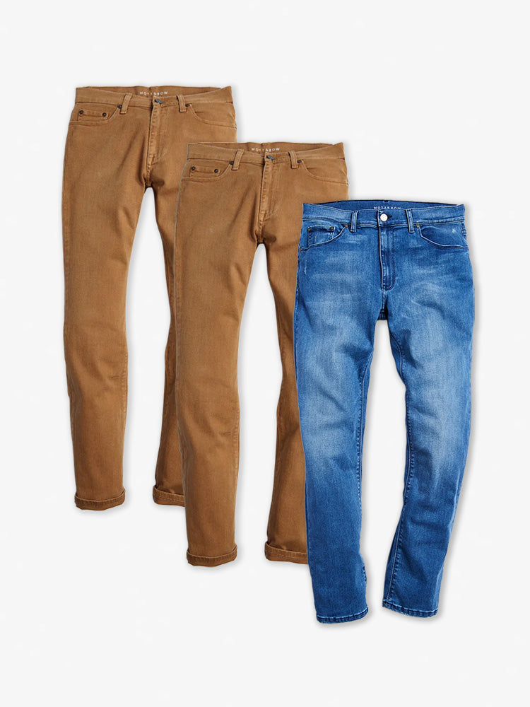 wearing Khaki/Medium Blue Straight Mercer and Straight Staple 3-Pack Jeans