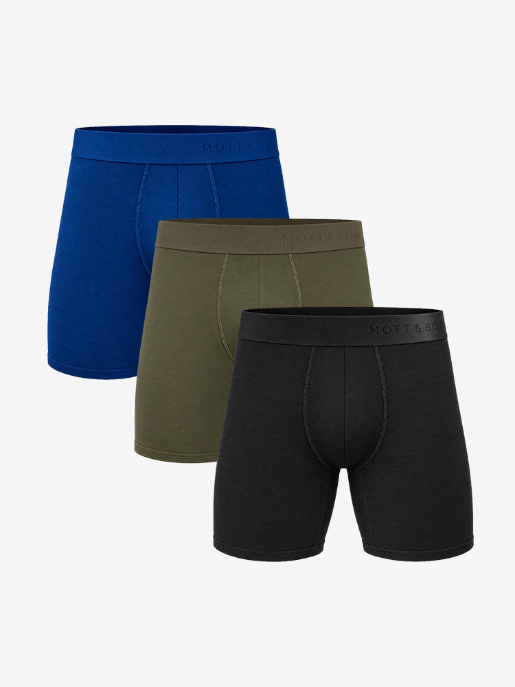 Men wearing Black/Dark Moss/Sapphire Boxer Brief 3-Pack
