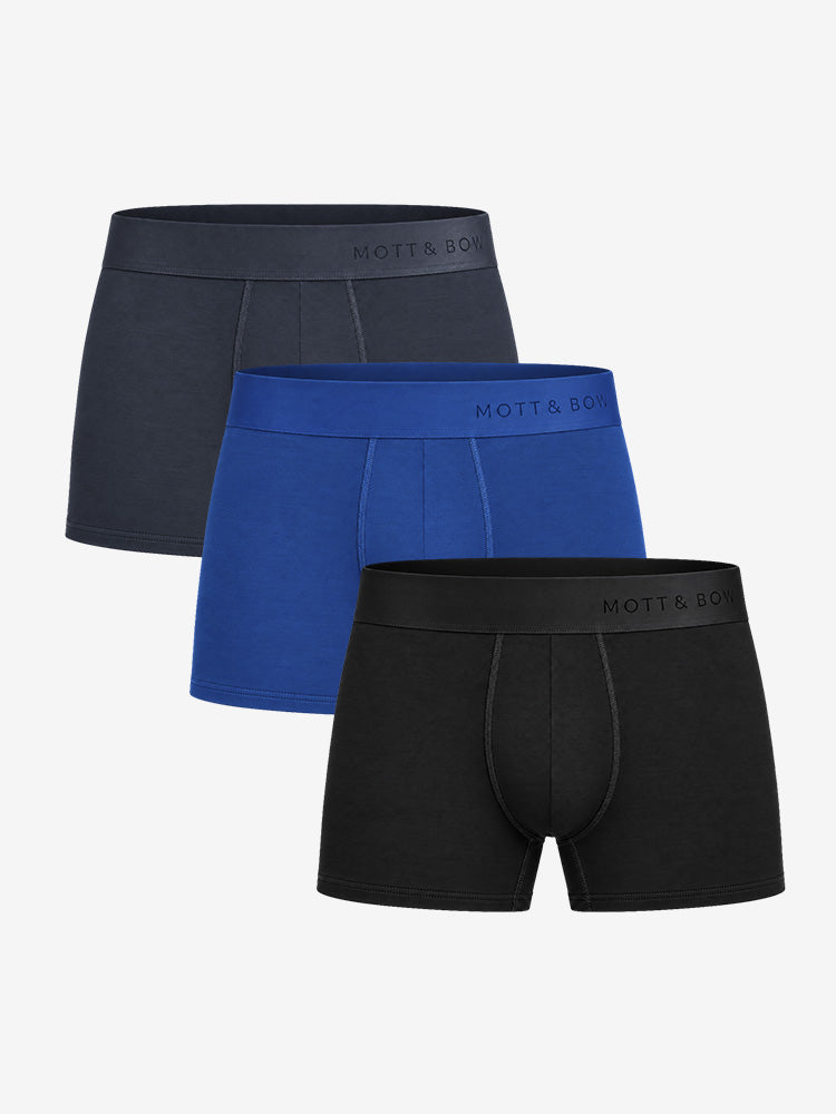 Men wearing Black/Dark Moss/Sapphire Trunks 3-Pack