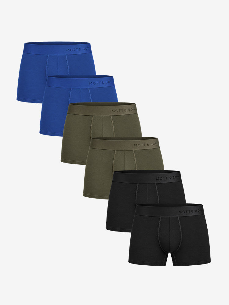 Men wearing Black/Dark Moss/Sapphire Trunks 6-Pack