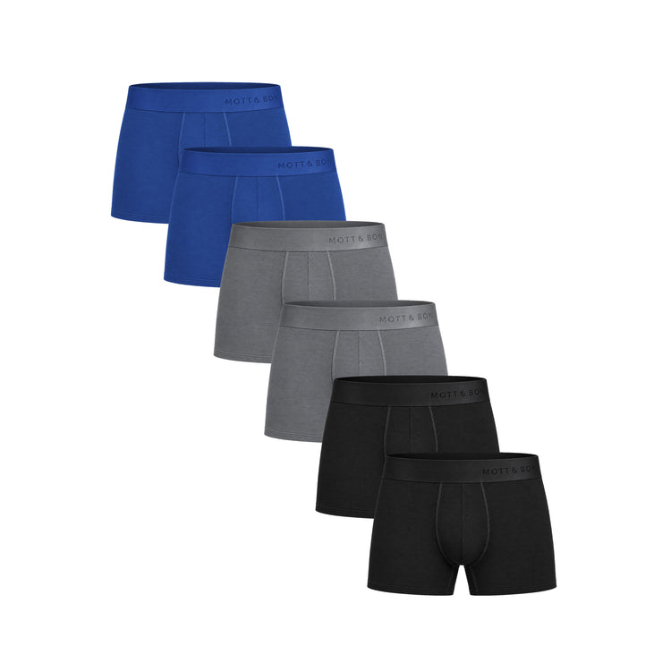 Men wearing Black/Sapphire/Gray Trunks 6-Pack