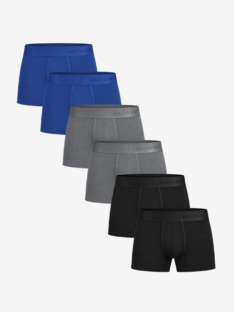 Men wearing Black/Sapphire/Gray Trunks 6-Pack