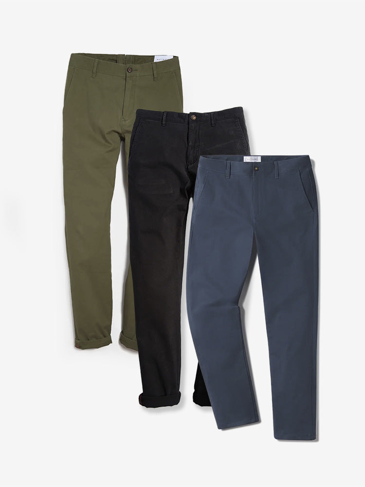 Men wearing Black/Riverside/Green Everyday Comfort Slim Chino Pants 3-Pack