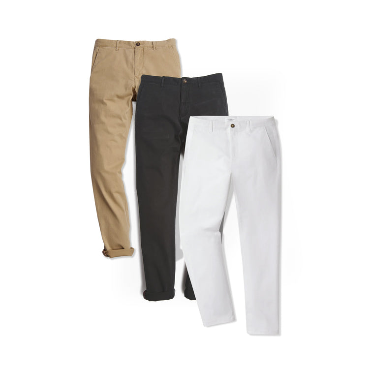 Men wearing Dark Gray/Khaki/White Everyday Comfort Slim Chino Pants 3-Pack