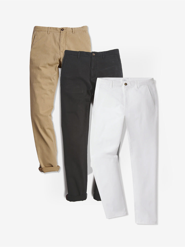 Men wearing Dark Gray/Khaki/White Everyday Comfort Slim Chino Pants 3-Pack