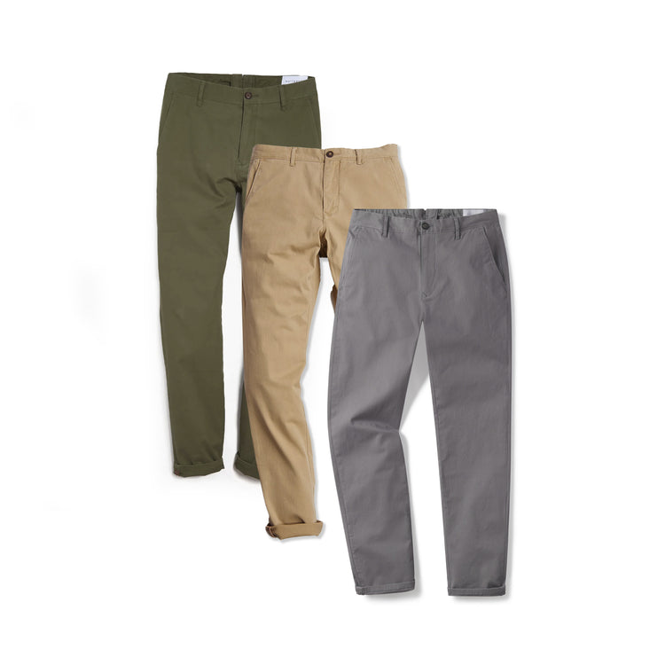 Men wearing Green/Gray/Khaki Everyday Comfort Slim Chino Pants 3-Pack