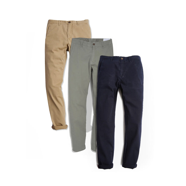 Men wearing Navy/Light Gray/Khaki Everyday Comfort Slim Chino Pants 3-Pack