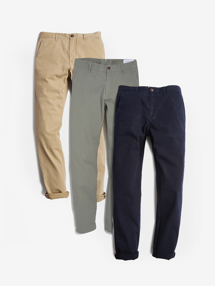 Men wearing Navy/Light Gray/Khaki Everyday Comfort Slim Chino Pants 3-Pack