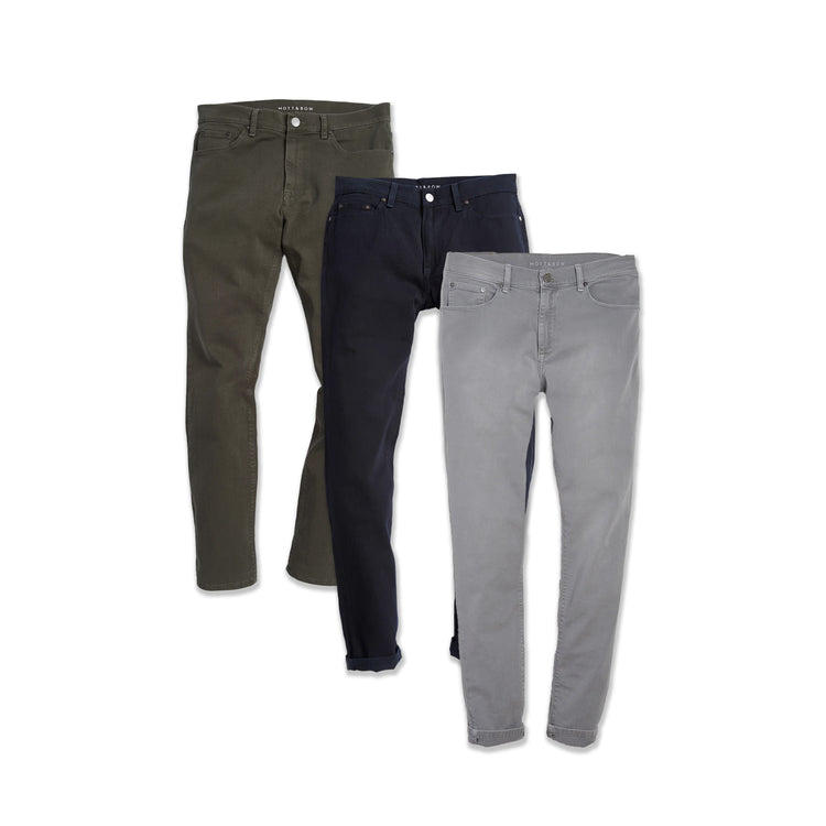 Men wearing Light Gray/Navy/Military Green Straight Mercer Jeans 3-Pack