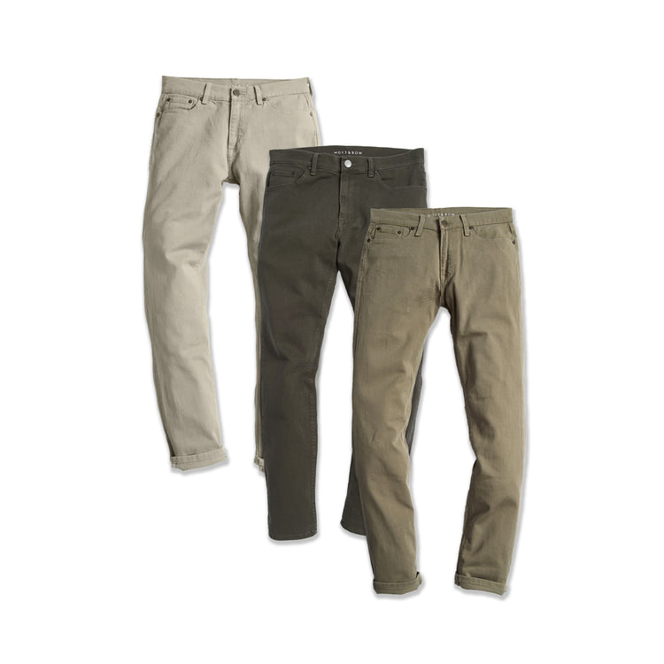 Men wearing Light Khaki/Military Green/Olive Slim Mercer Jeans 3-Pack