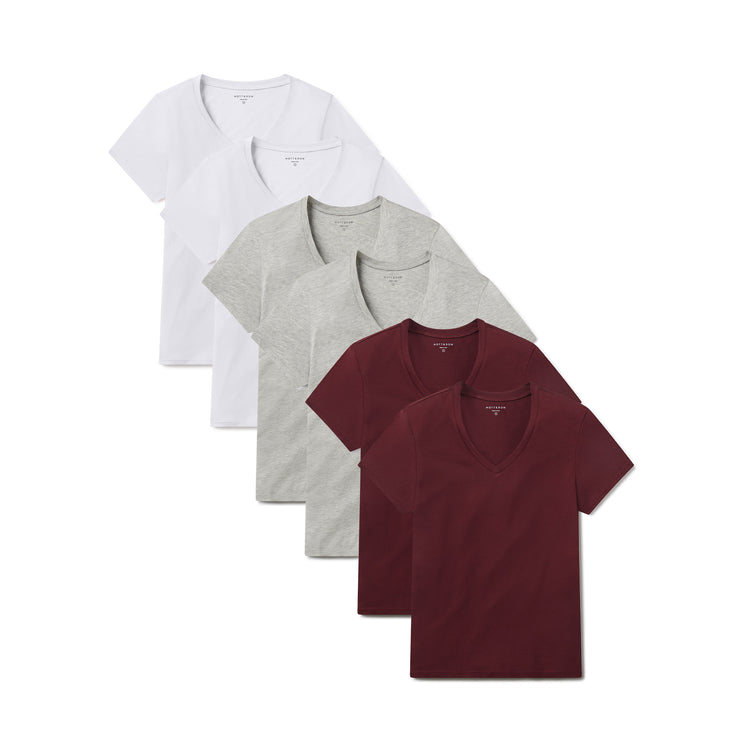 Women wearing Crimson/Heather Gray/White Fitted V-Neck Marcy 6-Pack