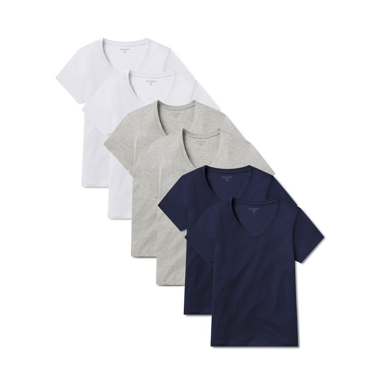 Women wearing Navy/Heather Gray/White Fitted V-Neck Marcy 6-Pack