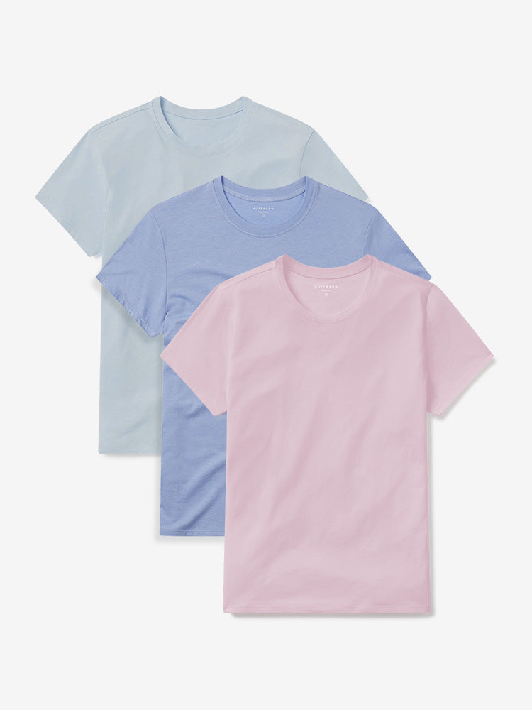 Women wearing Rose Pink/Ice Blue/Hydrangea Fitted Crew Marcy 3-Pack