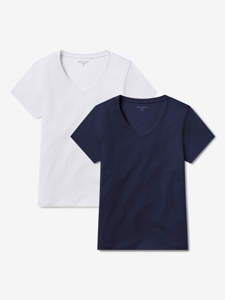 Women wearing White/Navy Relaxed V-Neck Marcy Tee 2-Pack