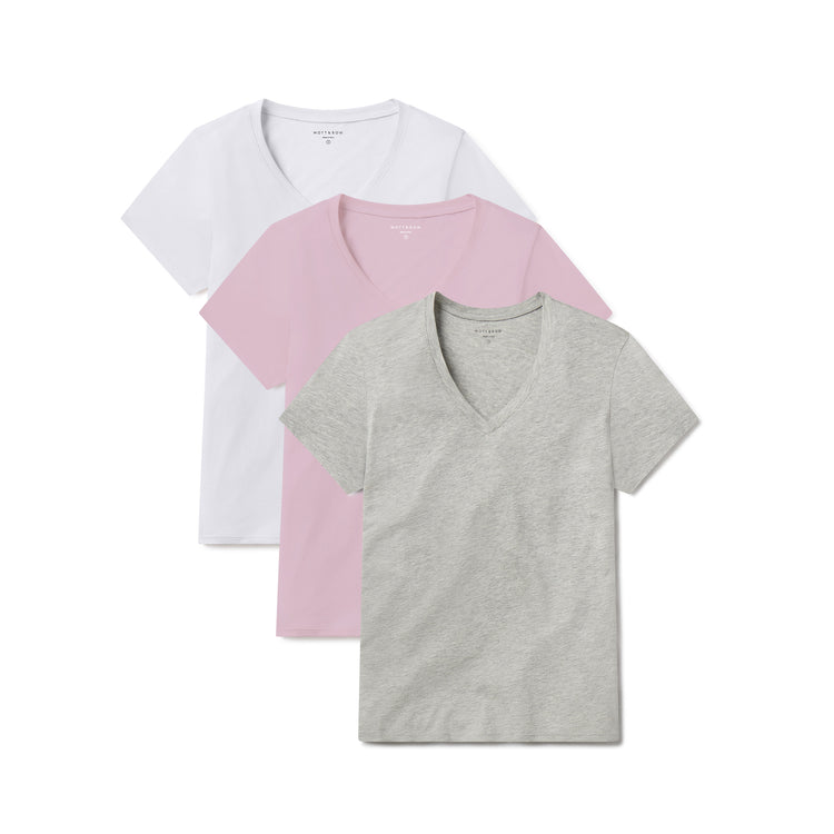 Women wearing White/Rose Pink/Heather Gray Fitted V-Neck Marcy 3-Pack