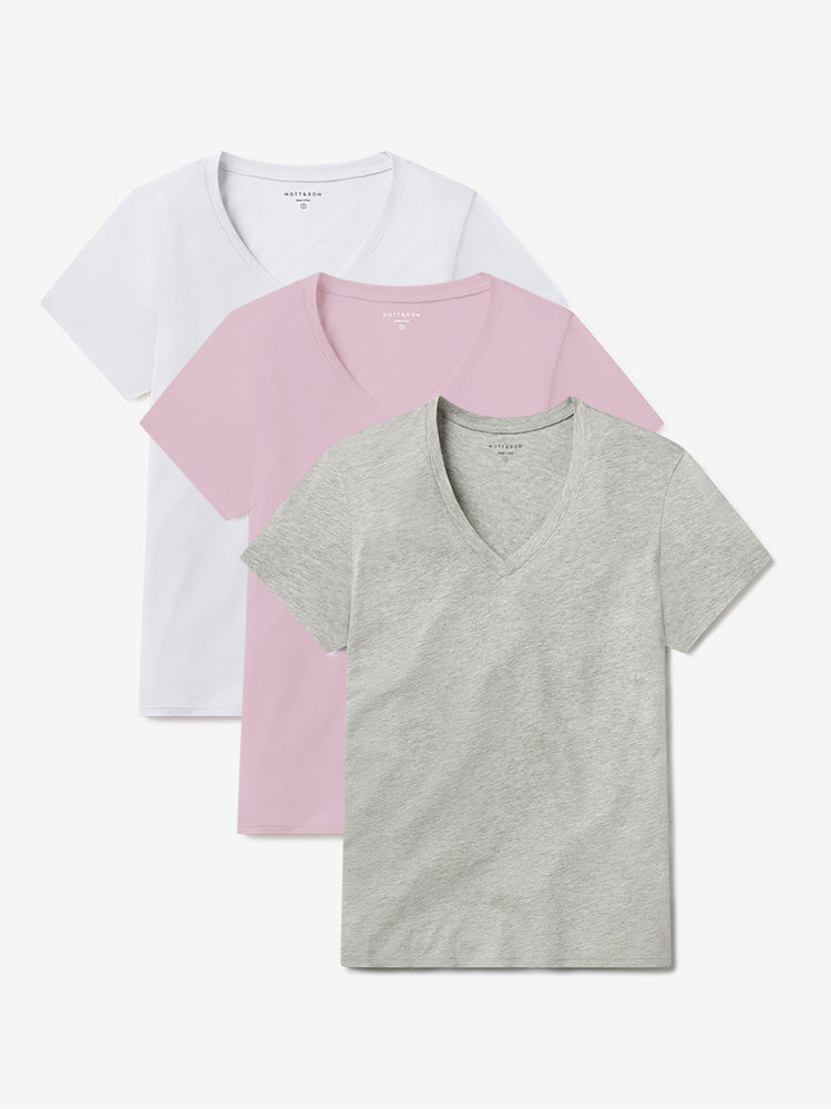 Women wearing White/Rose Pink/Heather Gray Fitted V-Neck Marcy 3-Pack