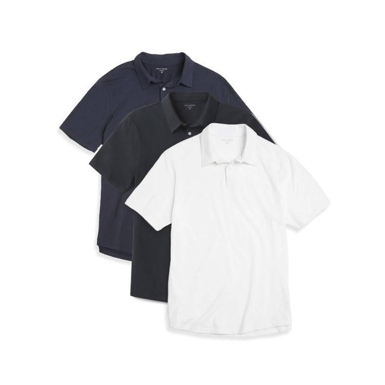 Men wearing White/Pine/Navy Jersey Sueded Polo 3-Pack