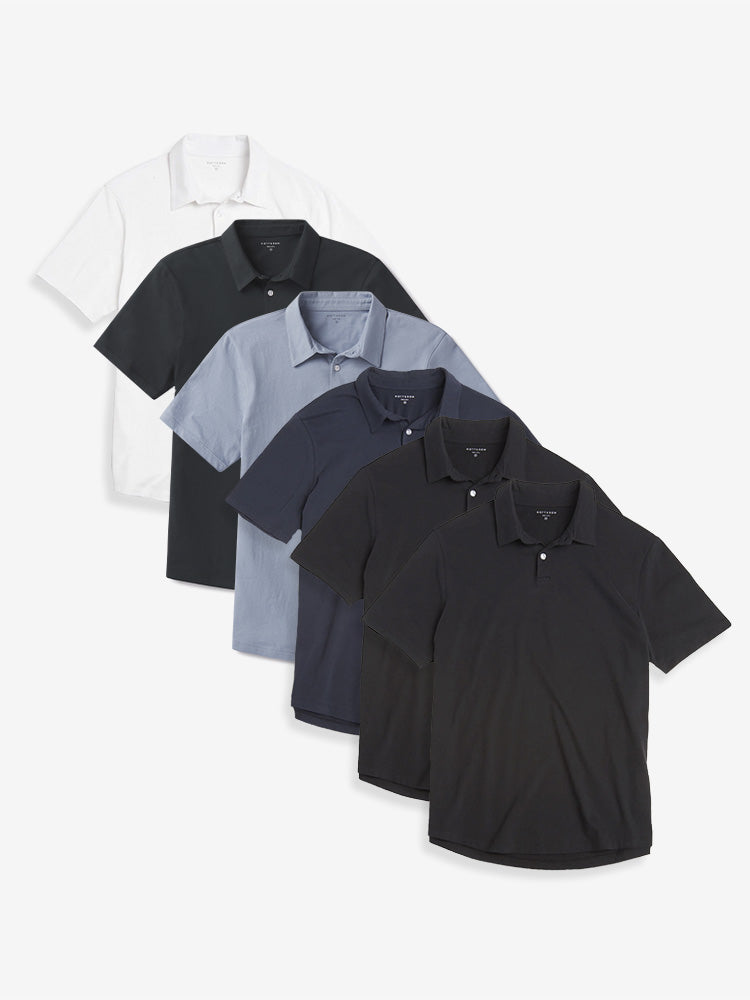 Men wearing Black/Black/California Blue/Navy/Pine/White Jersey Sueded Polo 6-Pack