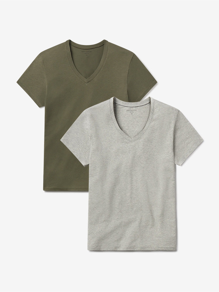 Women wearing Heather Gray/Military Green Relaxed V-Neck Marcy Tee 2-Pack