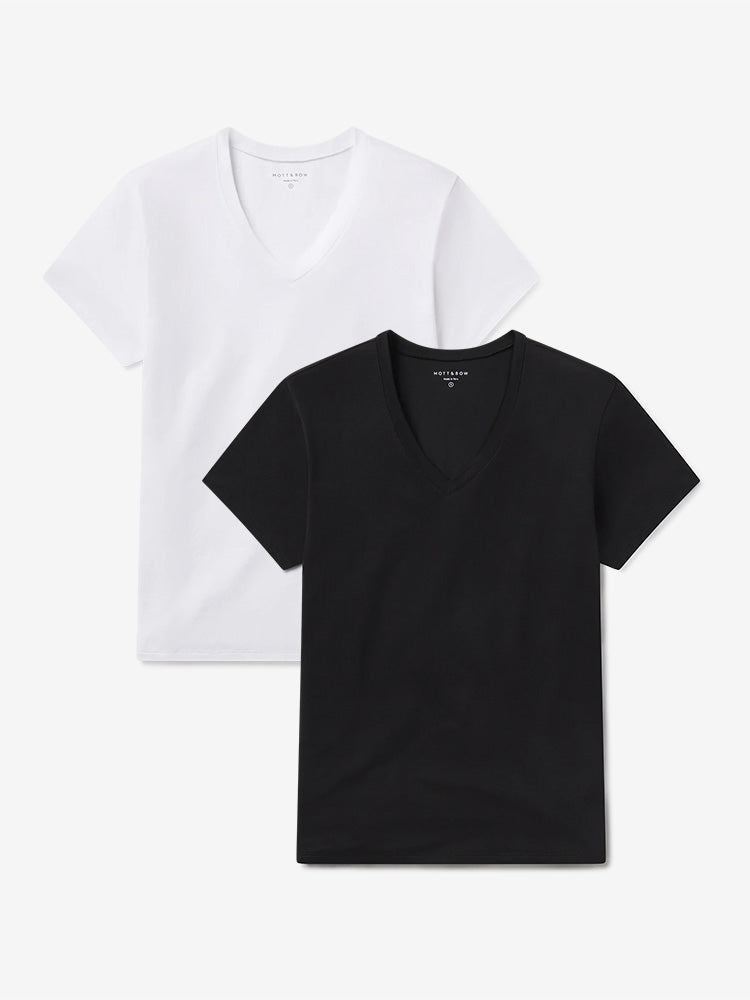 Women wearing White/Black Relaxed V-Neck Marcy Tee 2-Pack