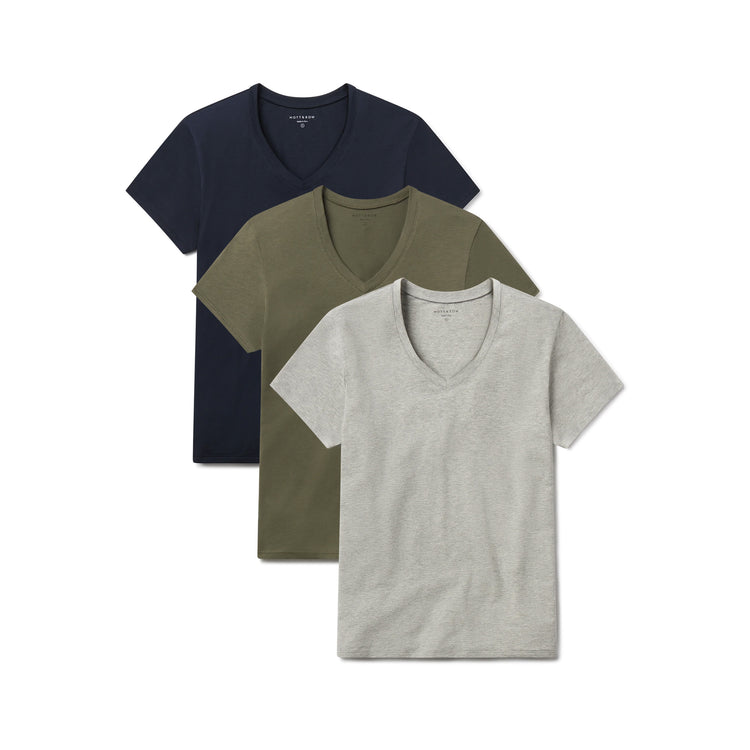 Women wearing Navy/Heather Gray/Military Green Relaxed V-Neck Marcy Tee 3-Pack