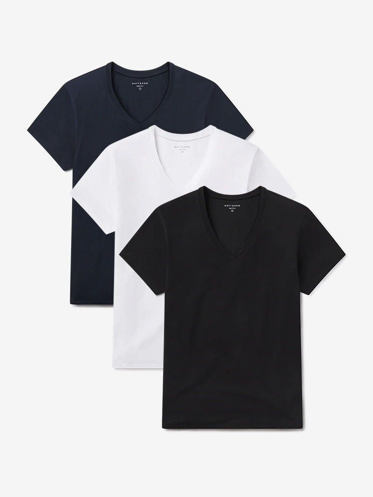 Women wearing White/Black/Navy Relaxed V-Neck Marcy Tee 3-Pack