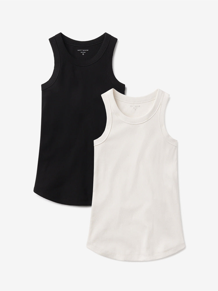 Women wearing White Pearl/Black Rib Tank Tee 2-Pack
