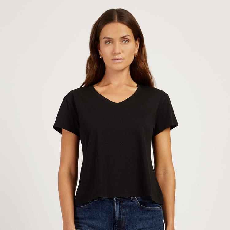 Women wearing Negro Cotton Relaxed V-Neck Tee