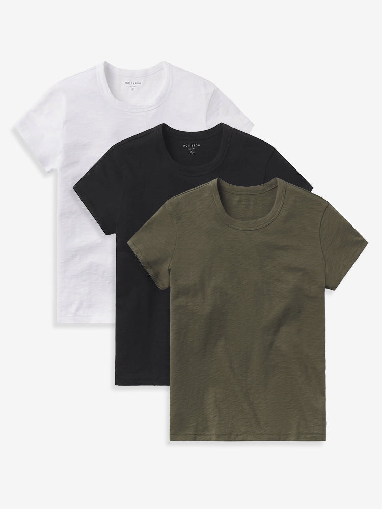 Women wearing White/Black/Military Green Classic Crew Slub 3-Pack