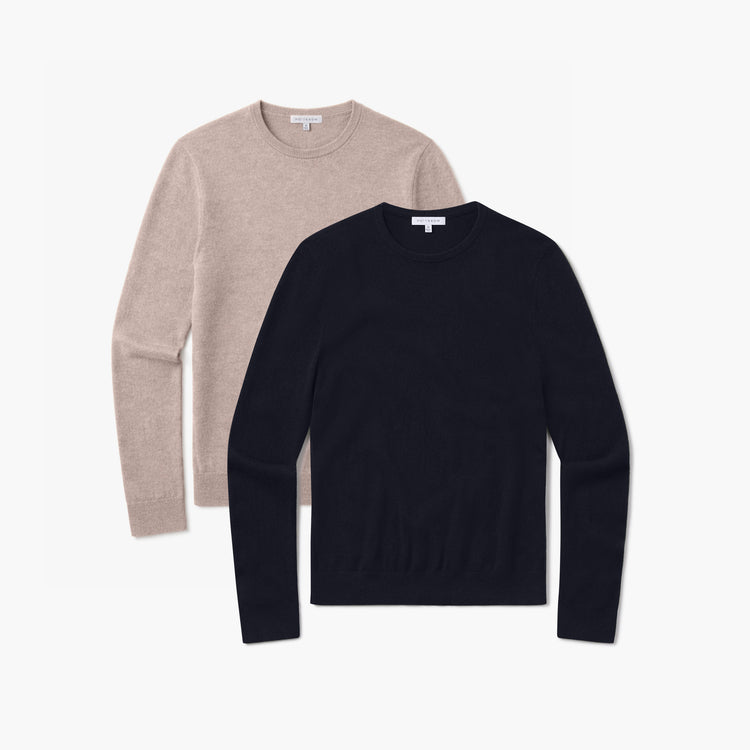Men wearing Navy/Camel Heather Classic Cashmere Crew Bergen Sweater 2-Pack