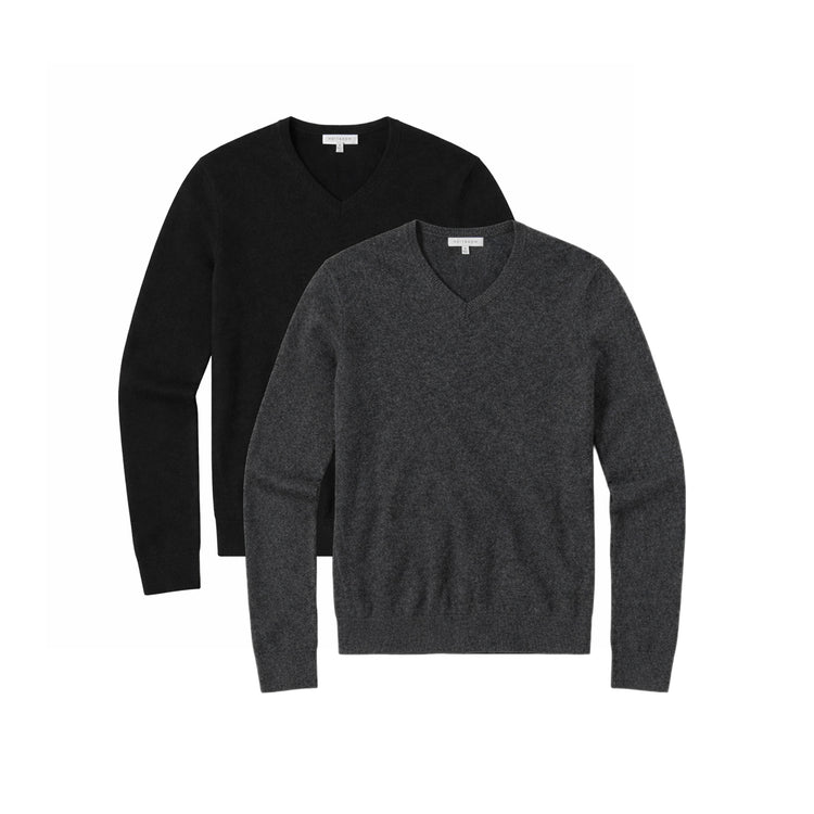 Men wearing Black/Charcoal Heather Classic Cashmere V-Neck Bergen Sweater 2-Pack