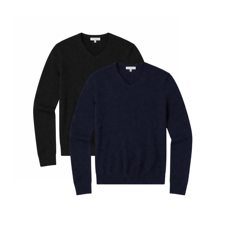 Men wearing Black/Navy Classic Cashmere V-Neck Bergen Sweater 2-Pack