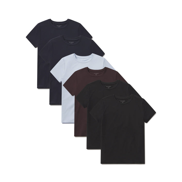 Women wearing Black/Black/Navy/Navy/Espresso/Ice Blue Second Skin Crew Tee 6-Pack