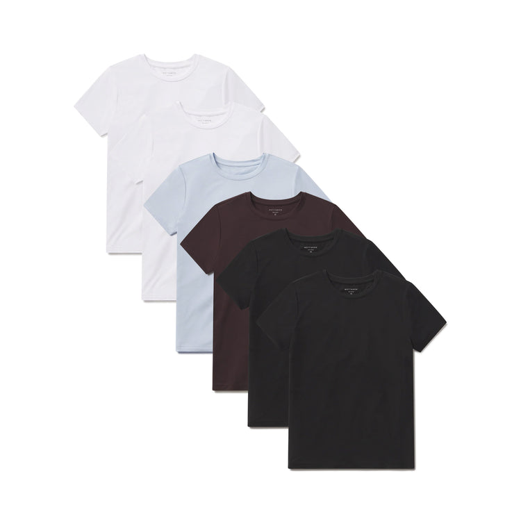 Women wearing White/White/Black/Black/Espresso/Ice Blue Second Skin Crew Tee 6-Pack